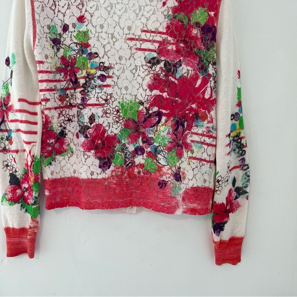 Floral Lace-Back Button Front Cardigan Sweater - White & Red Linen Blend - Picture 6 of 15